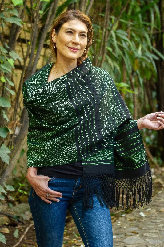 Evening Drama Green on Black Handwoven Fringed Mexican Rebozo Shawl