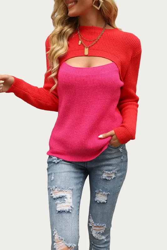 Two-Tone Colorblock Cutout Sweater In Red/hot Pink