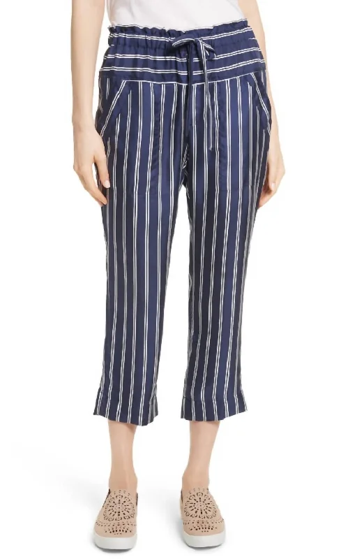 Noble Temperament Addiena Silk Striped Capri Pants In Navy/white