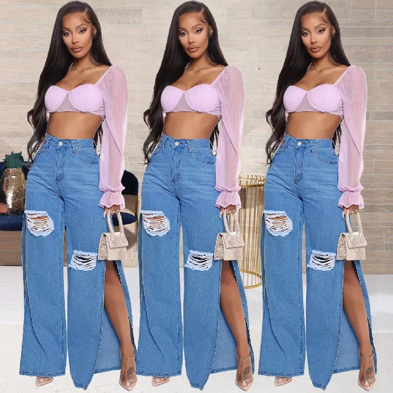 Romantic Data J&H 2023 new arrivals high waist wide leg jeans with high slit ladies chic ripped denim pants fashion causal trousers