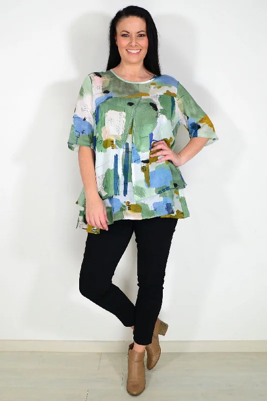 New Season Series Green Layered Abstract Tunic Top