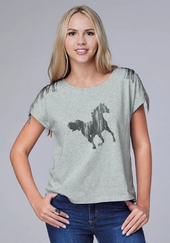 Soft And Comfortable Roper Womens Black Mustang Grey Cotton Blend S/S T-Shirt