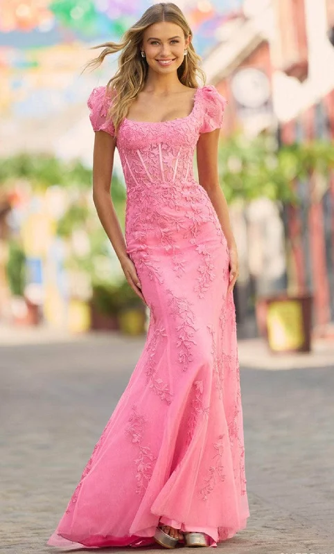 Street Cool Sherri Hill 55544 - Embroidered Short Sleeve Prom Dress