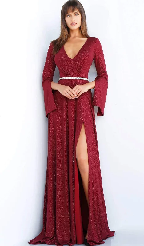 Simple Style Jovani - 63124 Split Long Sleeve Glitter High Slit Gown