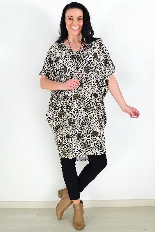 Short Design Laid Back Leopard Print Relaxed Tunic Dress