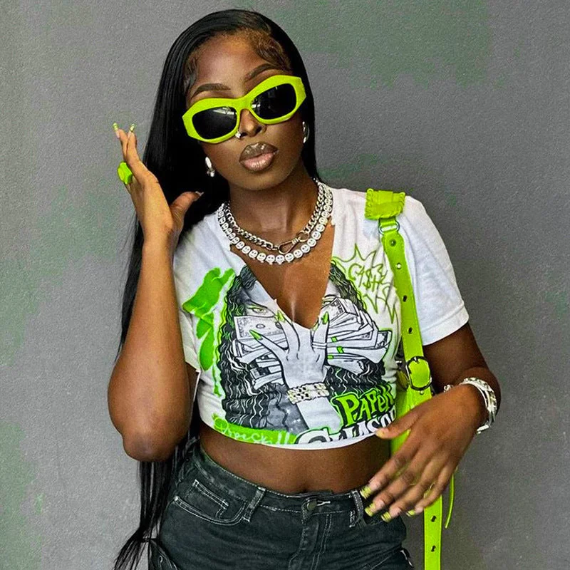 Lively And Youthful Women's Sexy Deep V Printed Short-sleeved Cropped T-shirt