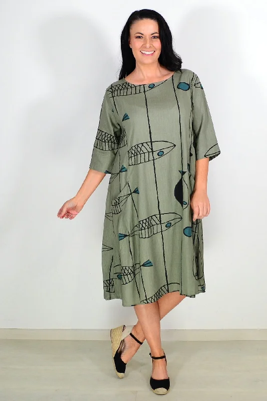 Celebrity Style Khaki Cotton Linen Tunic Dress