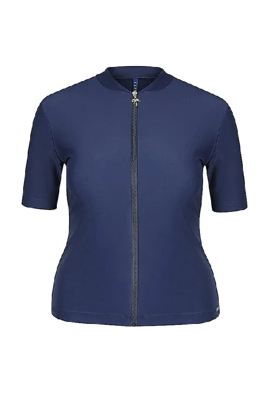 Spring Fashion Plain Navy Wetshirt Short Sleeve Rash Vest Swimwear