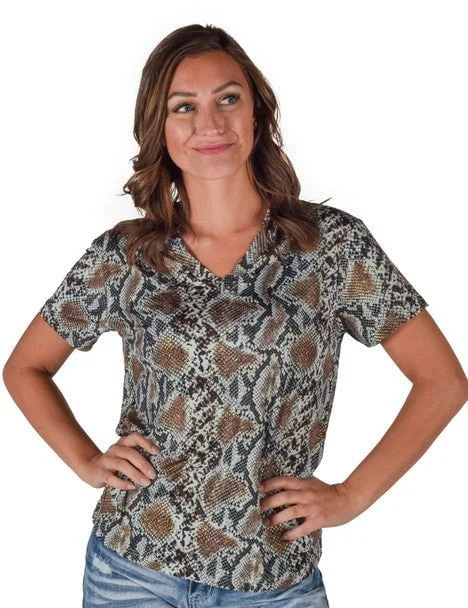 High-end Customization Cowgirl Tuff Womens Flowy V-Neck Snake Dusty Blue Poly/Spandex S/S T-Shirt