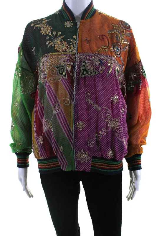 Ashish Womens Salvaged Sari Patchwork Embroidered Bomber Jacket Multicolor XS