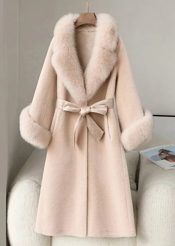 Beige Pockets Patchwork Fuzzy Fur Long Coat Fur Collar Long Sleeve