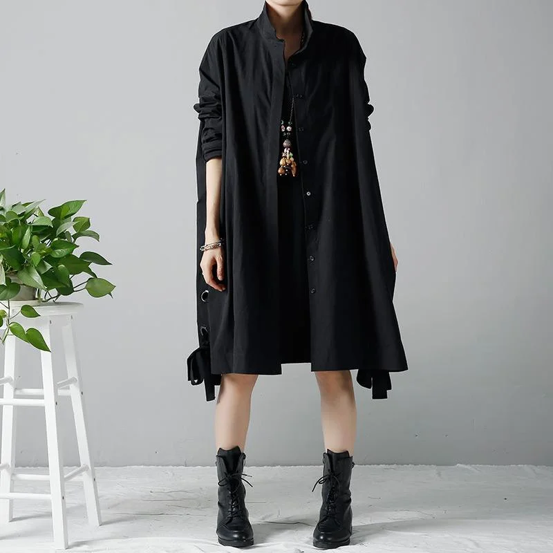 Black oversize long coats loose cardigans drawstring hem