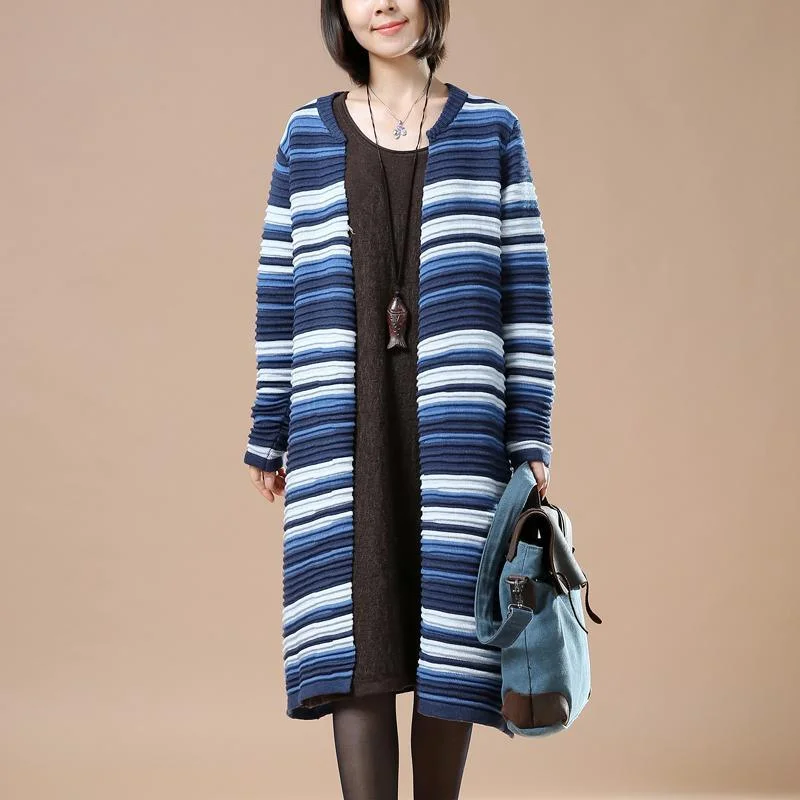 Blue striped knit cardigans woman plus size sweaters coats