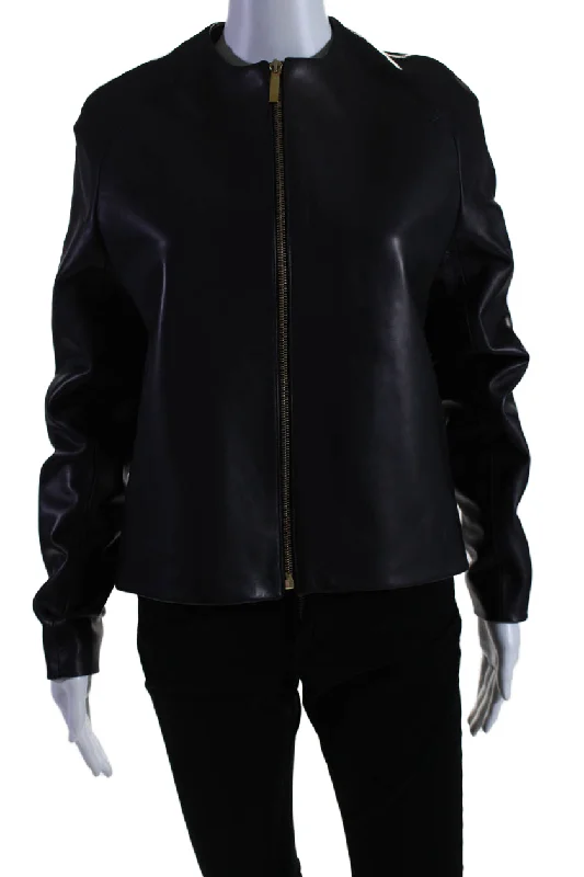 Elegant Tailoring The Row Womens Black Leather Silk Lining Full Zip Crew Neck Jacket