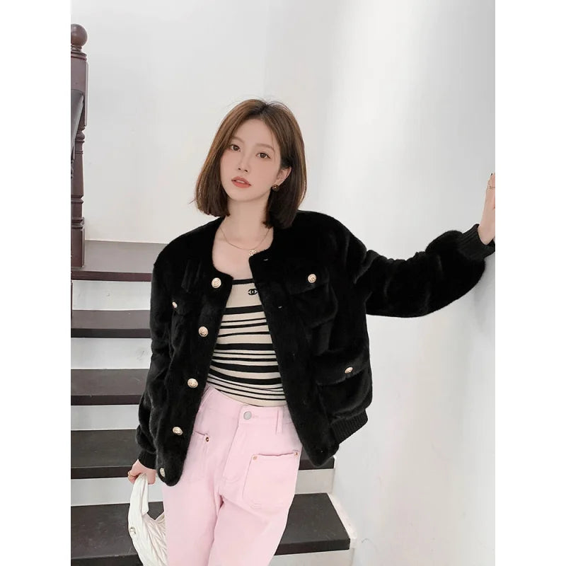 Women's Essential Warm Natural Mink Leather Short Winter Jacket Outerwear