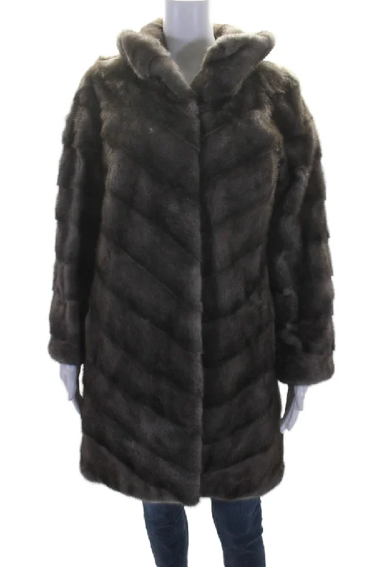 Fashion Elements Zandra Rhodes Womens Mink Fur Long Sleeve Lined Mid Length Over Coat Gray