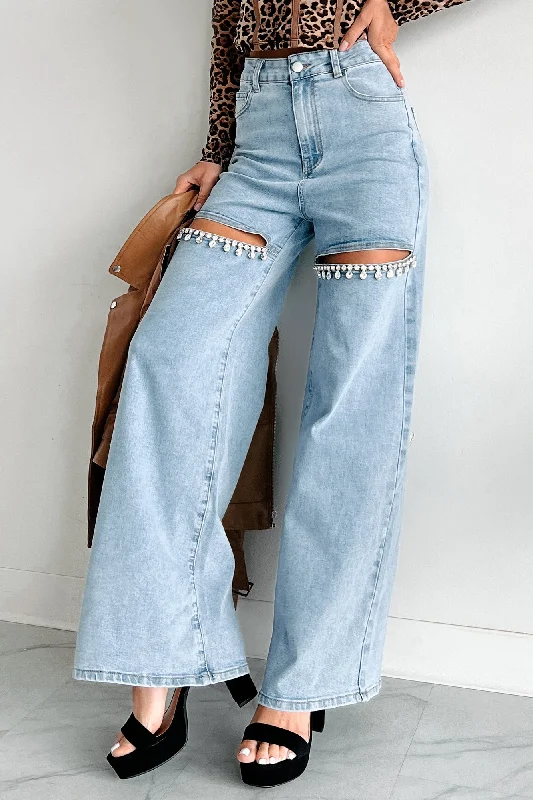 Constant Surprise High Rise Rhinestone Slit Wide Leg Jeans (Light Wash)