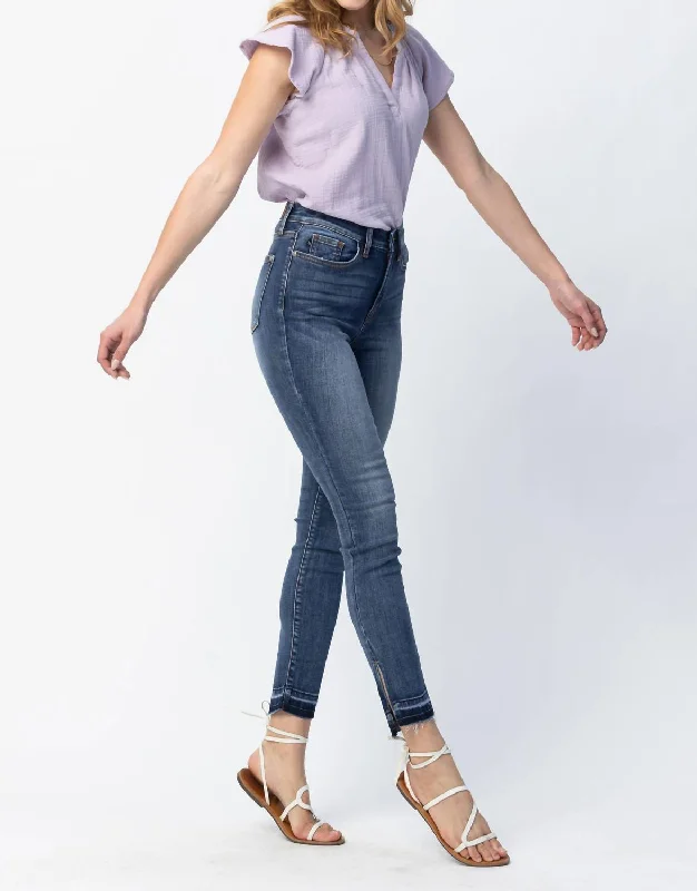 High Waist Skinny Released Hem And Side Slit In Med Wash