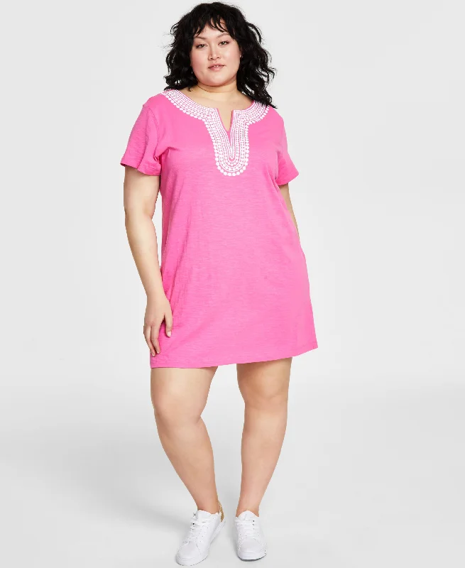 Plus Size Cotton Printed-Trim Dress