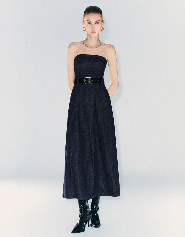 Slim Fit Sleeveless Off-Shoulder Denim Dress With Belt
