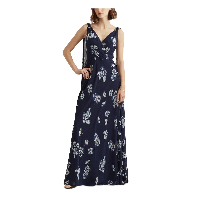 Womens Navy Zippered Embellished V-back Cape Shoulder Lined Floral Sleeveless Surplice Neckline Full-Length Evening Gown Dress 4