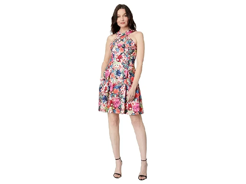 Women's Printed Cross-Neck Fit & Flare Side-Pocket Halter Dress