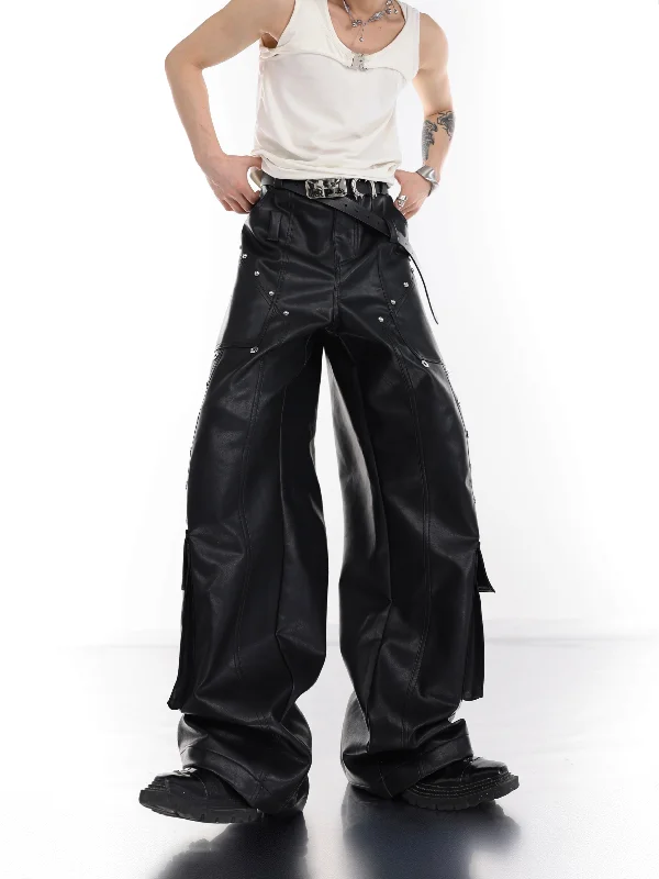 Metal Buttons Stitch Pocket Leather Pants