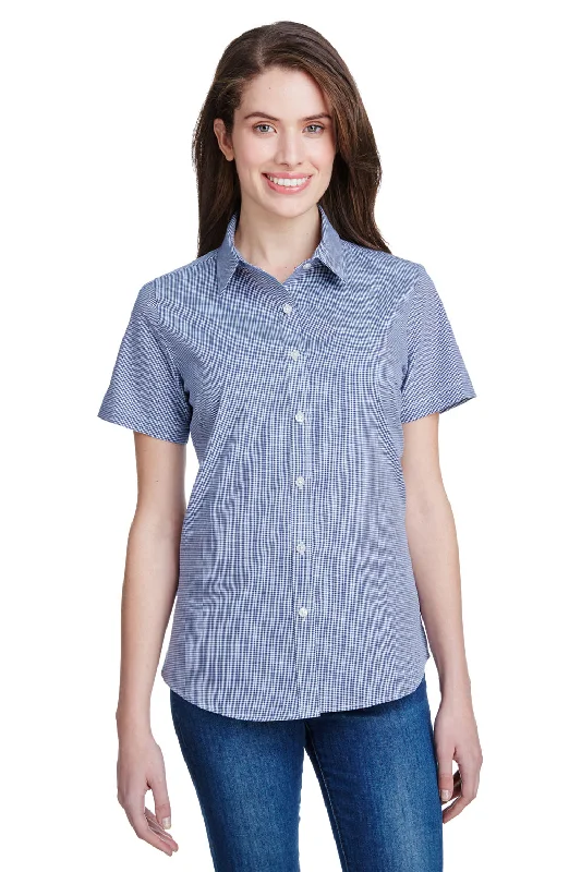 Artisan Collection Womens Microcheck Gingham Short Sleeve Button Down Shirt - Navy Blue/White