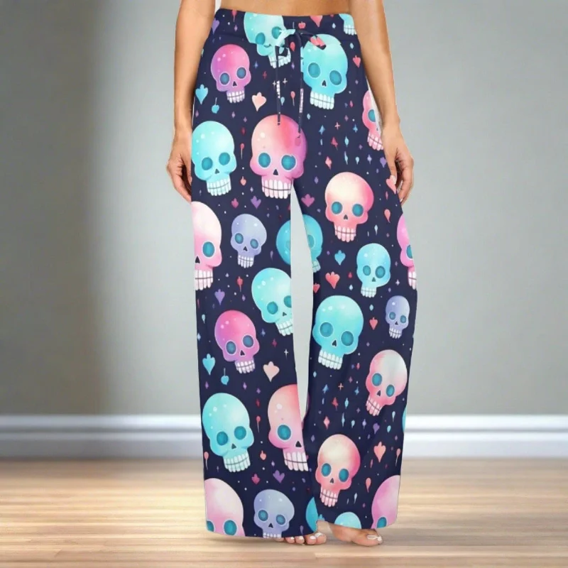 Colorful Skulls On Blue Background Wide Leg Pants