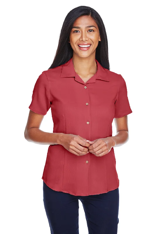 Harriton Womens Bahama Wrinkle Resistant Short Sleeve Button Down Camp Shirt - Tile Red