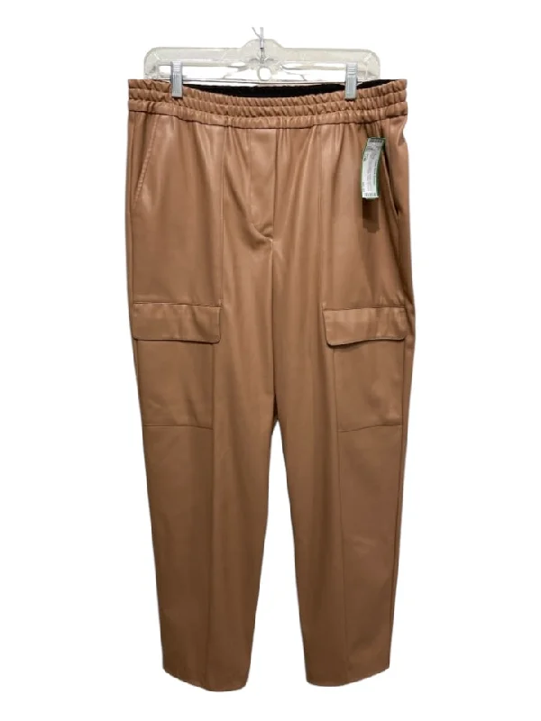 (Nude) Size L/46 Brown Faux Leather Elastic Waist Front Seam Cargo Pockets Pants