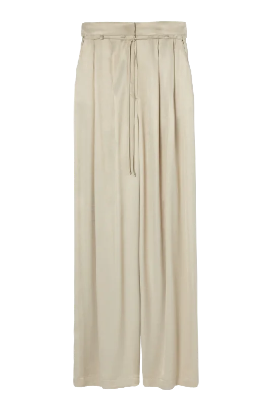 Pleated Satin Wide Leg Pants | Beige