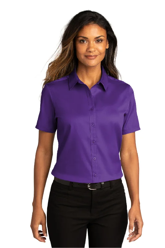 Port Authority Womens SuperPro Wrinkle Resistant React Short Sleeve Button Down Shirt - Purple