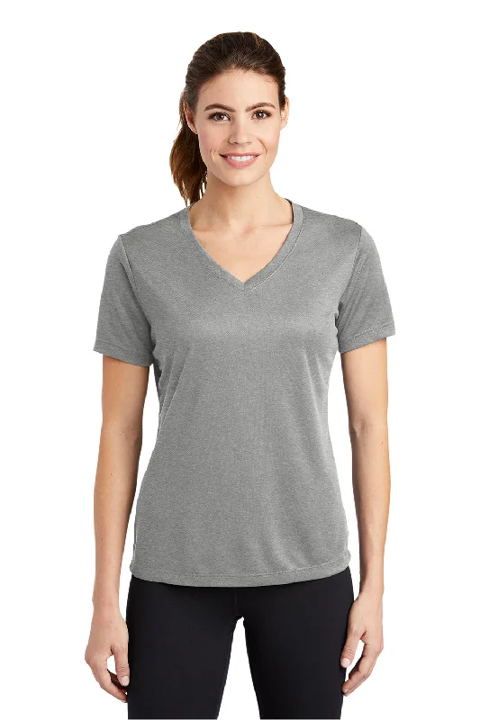 Sport-Tek Womens RacerMesh Moisture Wicking Short Sleeve V-Neck T-Shirt - Heather Grey