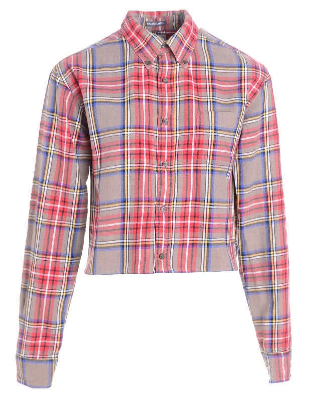 Label Cropped Long Sleeve Flannel Shirt