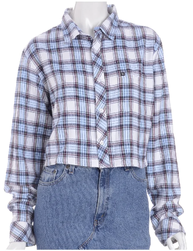 Label Cropped Long Sleeve Flannel Shirt