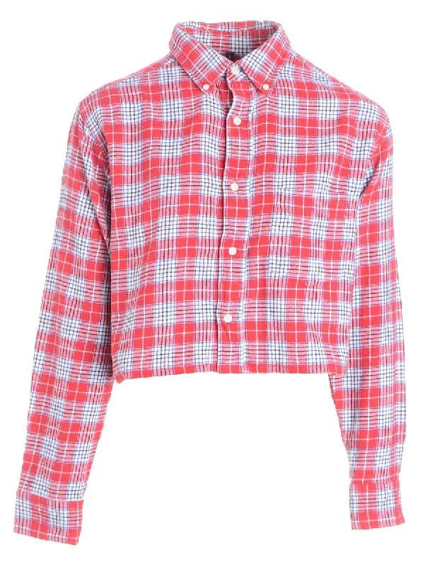 Label Cropped Long Sleeve Flannel Shirt